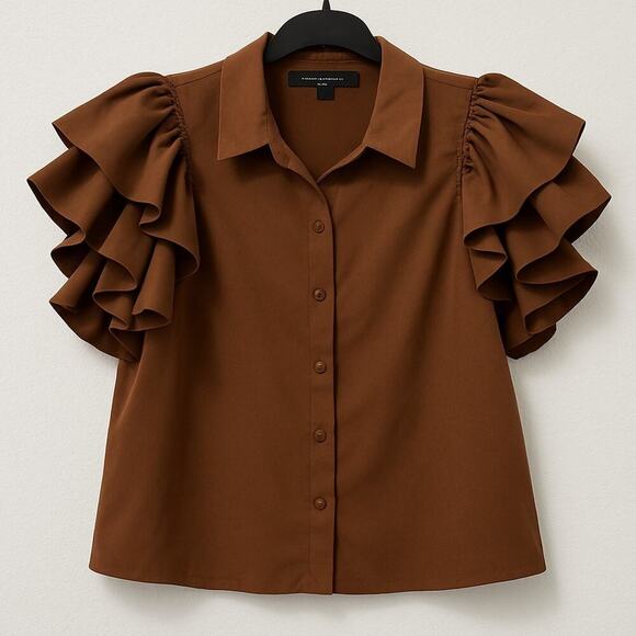 Marc New York Ruffle Sleeve Button Front Blouse Brown Size L - Picture 3 of 12